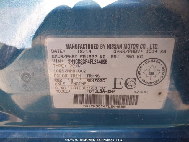 Продажа на аукционе авто 2015 Nissan Micra, vin: 3N1CK3CP4FL244895, номер лота: 12651275