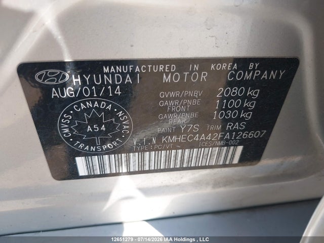Hyundai Sonata 2015 KMHEC4A42FA126607 Image 9