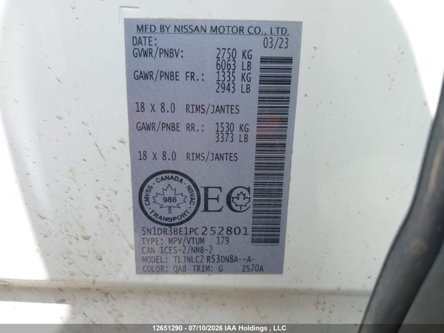 12651290 :رقم المزاد ، 5N1DR3BE1PC252801 vin ، 2023 Nissan Pathfinder مزاد بيع