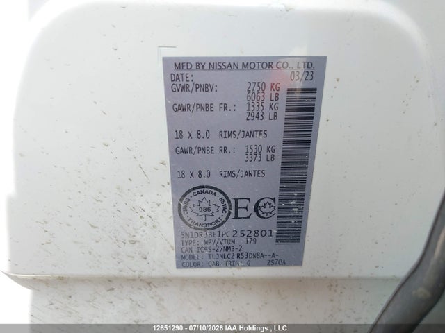 12651290 :رقم المزاد ، 5N1DR3BE1PC252801 vin ، 2023 Nissan Pathfinder مزاد بيع