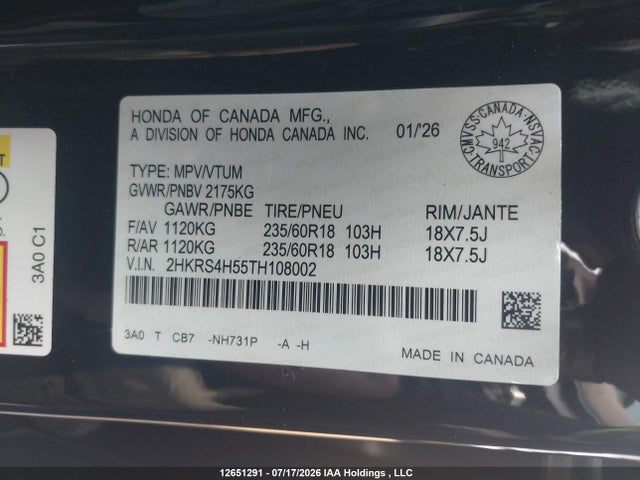 12651291 :رقم المزاد ، 2HKRS4H55TH108002 vin ، 2026 Honda Cr-v مزاد بيع