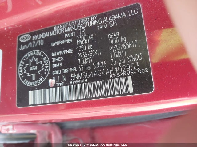 12651294 :رقم المزاد ، 5NMSG4AG4AH402953 vin ، 2010 Hyundai Santa Fe مزاد بيع