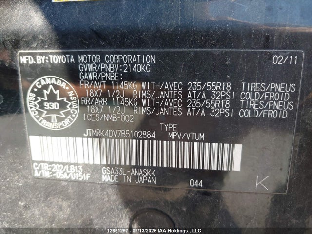 Продаж на аукціоні авто 2011 Toyota Rav4, vin: JTMRK4DV7B5102884, номер лоту: 12651297