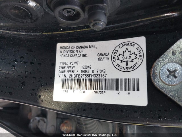 2015 Honda Civic მანქანა იყიდება აუქციონზე, vin: 2HGFB2F55FH023167, აუქციონის ნომერი: 12651300