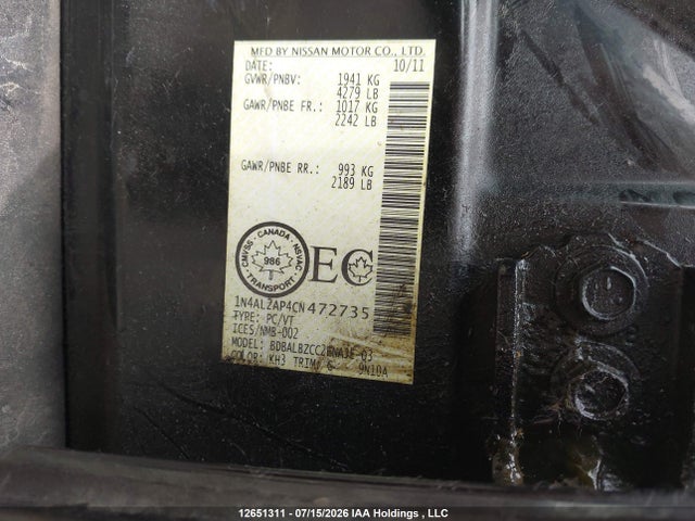 2012 Nissan Altima 2.5 S მანქანა იყიდება აუქციონზე, vin: 1N4AL2AP4CN472735, აუქციონის ნომერი: 12651311