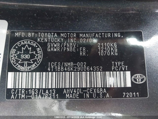 Продаж на аукціоні авто 2009 Toyota Camry, vin: 4T1BB46K29U064352, номер лоту: 12651312