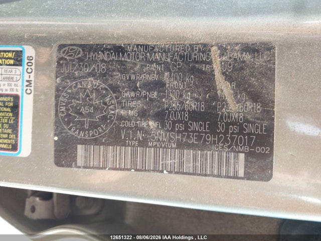 2009 Hyundai Santa Fe მანქანა იყიდება აუქციონზე, vin: 5NMSH73E79H237017, აუქციონის ნომერი: 12651322
