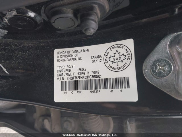 Продаж на аукціоні авто 2012 Honda Civic Lx, vin: 2HGFB2E44CH036092, номер лоту: 12651326