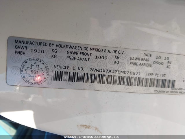 12651329 :رقم المزاد ، 3VWDX7AJ7BM020871 vin ، 2011 Volkswagen Jetta مزاد بيع