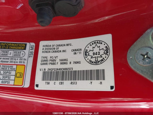 Продаж на аукціоні авто 2012 Honda Civic, vin: 2HGFG3A40CH002373, номер лоту: 12651330