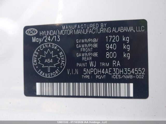 12651332 :رقم المزاد ، 5NPDH4AE3DH354552 vin ، 2013 Hyundai Elantra مزاد بيع