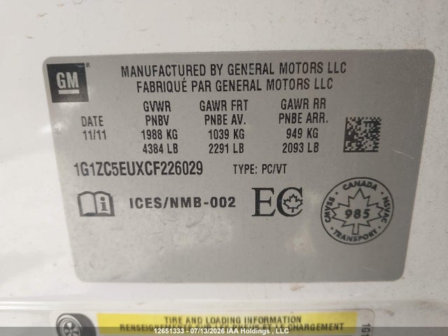 2012 Chevrolet Malibu მანქანა იყიდება აუქციონზე, vin: 1G1ZC5EUXCF226029, აუქციონის ნომერი: 12651333
