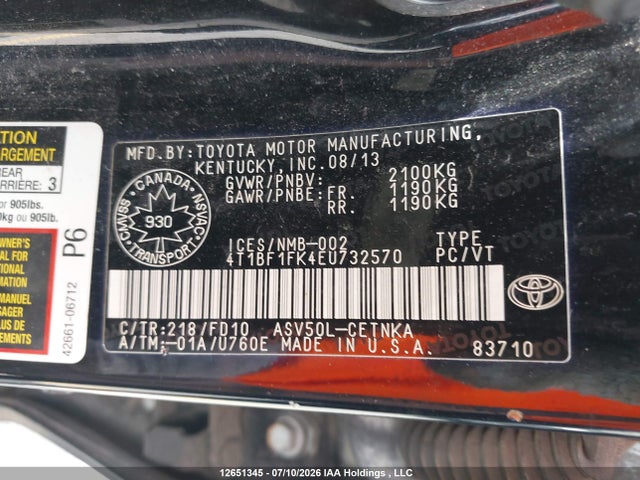 12651345 :رقم المزاد ، 4T1BF1FK4EU732570 vin ، 2014 Toyota Camry مزاد بيع