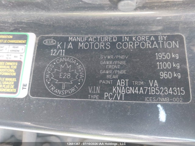 Auction sale of the 2011 Kia Optima, vin: KNAGN4A71B5234315, lot number: 12651357