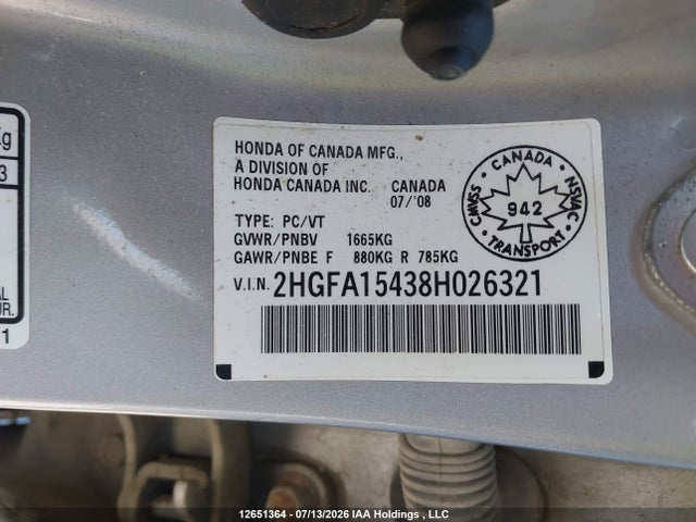 Продаж на аукціоні авто 2008 Honda Civic, vin: 2HGFA15438H026321, номер лоту: 12651364