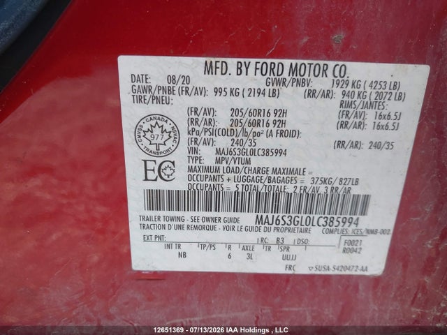 Aukcja sprzedaży 2020 Ford Ecosport Se, vin: MAJ6S3GL0LC385994, numer aukcji: 12651369