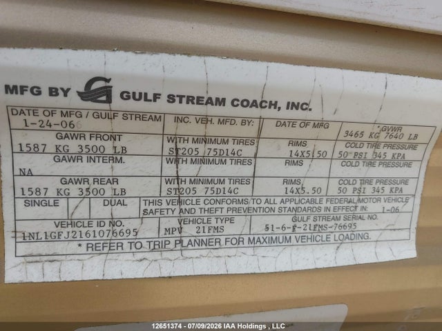 2006 Gulf Stream Vintage Cruiser მანქანა იყიდება აუქციონზე, vin: 1NL1GFJ2161076695, აუქციონის ნომერი: 12651374