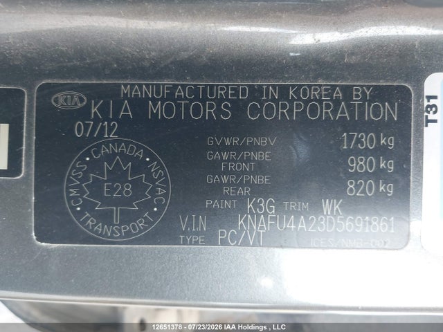 12651378 :رقم المزاد ، KNAFU4A23D5691861 vin ، 2013 Kia Forte Ex مزاد بيع