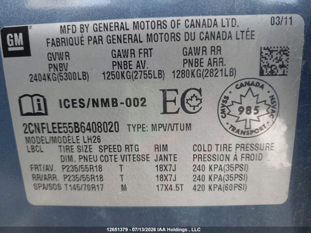 2011 Chevrolet Equinox მანქანა იყიდება აუქციონზე, vin: 2CNFLEE55B6408020, აუქციონის ნომერი: 12651379