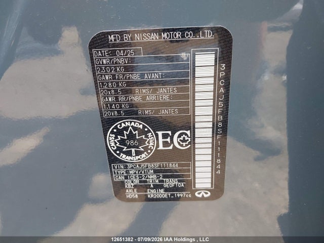 12651382 :رقم المزاد ، 3PCAJ5FB8SF111844 vin ، 2025 Infiniti Qx50 Sport مزاد بيع