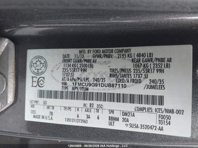 12643669 :رقم المزاد ، 1FMCU9G91DUB87110 vin ، 2013 Ford Escape Se مزاد بيع