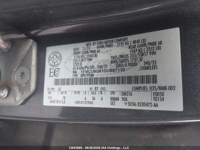 12643669 :رقم المزاد ، 1FMCU9G91DUB87110 vin ، 2013 Ford Escape Se مزاد بيع