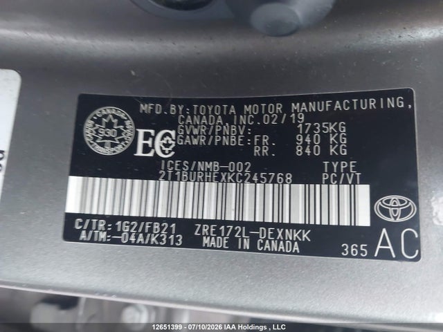 Продажа на аукционе авто 2019 Toyota Corolla Le, vin: 2T1BURHEXKC245768, номер лота: 12651399