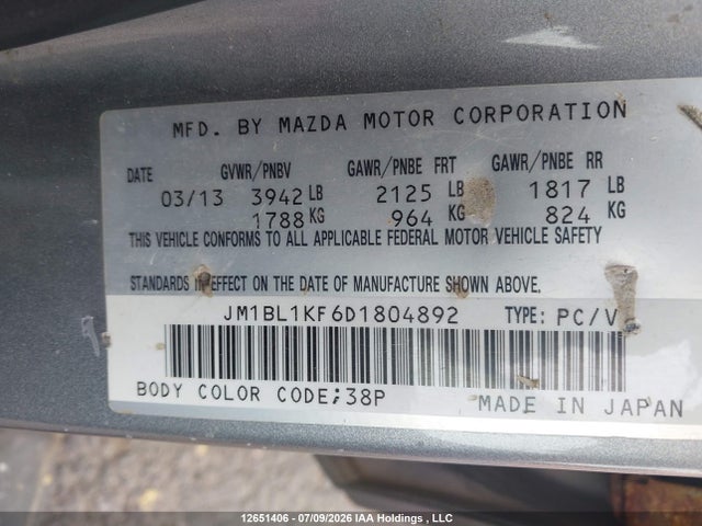12651406 :رقم المزاد ، JM1BL1KF6D1804892 vin ، 2013 Mazda 3 I مزاد بيع
