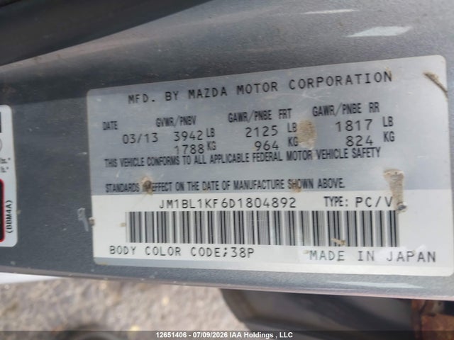 12651406 :رقم المزاد ، JM1BL1KF6D1804892 vin ، 2013 Mazda 3 I مزاد بيع