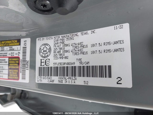 Aukcja sprzedaży 2023 Toyota Tundra Crewmax Limited, vin: 5TFJC5EC0PX002649, numer aukcji: 12651411