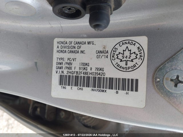 Honda Civic Lx 2014 2HGFB2F48EH039420 Image 9