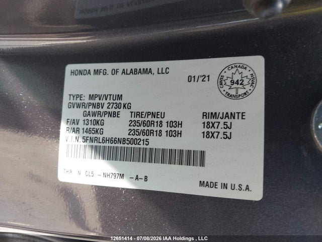 Honda ODYSSEY EXL 2022 5FNRL6H66NB500215 Image 19