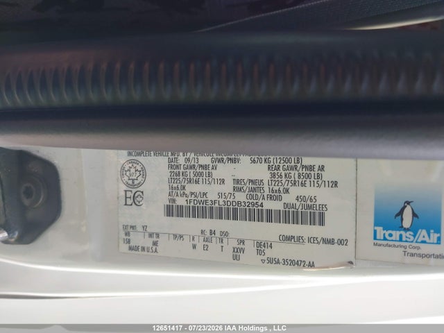 12651417 :رقم المزاد ، 1FDWE3FL3DDB32954 vin ، 2013 Ford E-350 Cutaway مزاد بيع