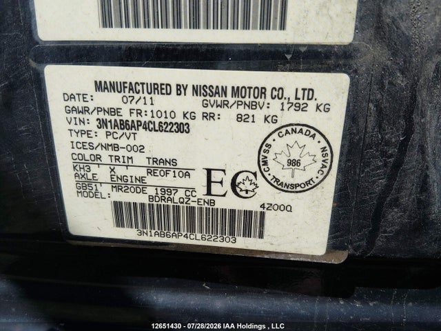 12651430 :رقم المزاد ، 3N1AB6AP4CL622303 vin ، 2012 Nissan Sentra مزاد بيع