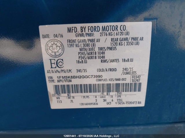 12651441 :رقم المزاد ، 1FM5K8BH2GGC73990 vin ، 2016 Ford Explorer مزاد بيع