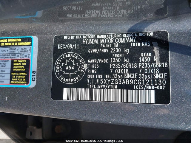 12651442 :رقم المزاد ، 5XYZG3AB9CG121130 vin ، 2012 Hyundai Santa Fe Gl 2.4 Premium مزاد بيع