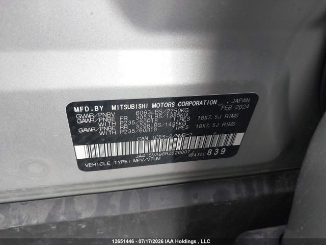 Продажа на аукционе авто 2024 Mitsubishi Outlander Phev Le/sel, vin: JA4T5VA96RZ620007, номер лота: 12651446