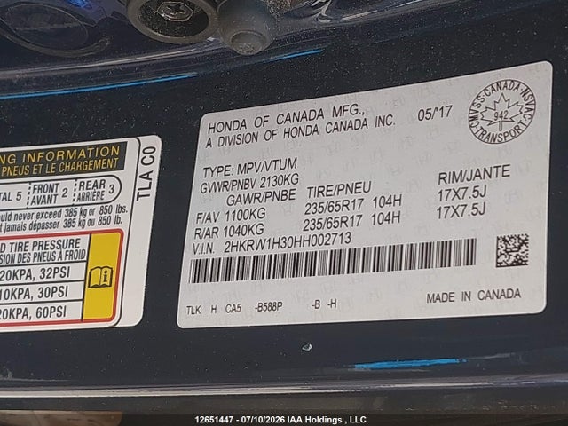 12651447 :رقم المزاد ، 2HKRW1H30HH002713 vin ، 2017 Honda Cr-v Lx مزاد بيع