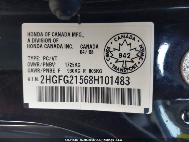 Продажа на аукционе авто 2008 Honda Civic Si Si, vin: 2HGFG21568H101483, номер лота: 12651448