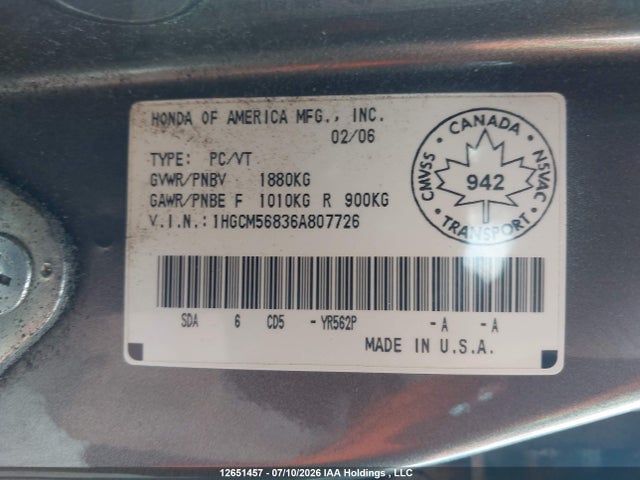 Продаж на аукціоні авто 2006 Honda Accord Ex-l, vin: 1HGCM56836A807726, номер лоту: 12651457