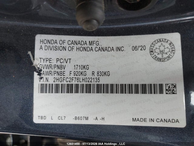 Honda CIVIC EX 2020 2HGFC2F76LH022135 Image 9