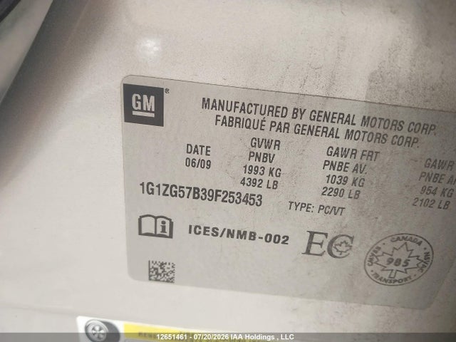 2009 Chevrolet Malibu Ls მანქანა იყიდება აუქციონზე, vin: 1G1ZG57B39F253453, აუქციონის ნომერი: 12651461
