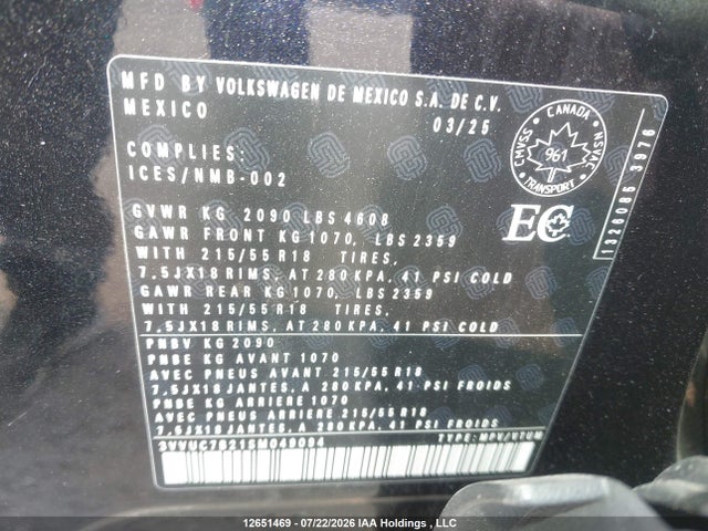 Aukcja sprzedaży 2025 Volkswagen Taos Comfortline, vin: 3VVUC7B21SM049094, numer aukcji: 12651469