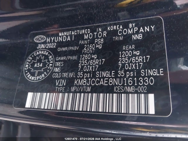 Продаж на аукціоні авто 2022 Hyundai Tucson Sel, vin: KM8JCCAE8NU161330, номер лоту: 12651470