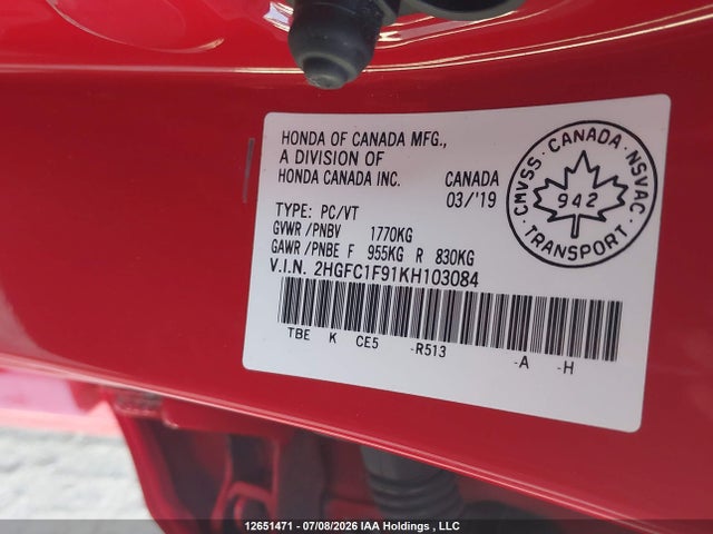 Honda Civic Touring 2019 2HGFC1F91KH103084 Image 17
