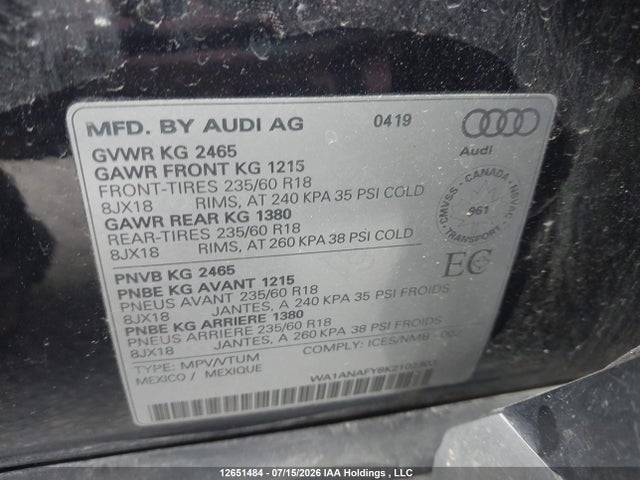12651484 :رقم المزاد ، WA1ANAFY8K2102303 vin ، 2019 Audi Q5 45 Komfort مزاد بيع