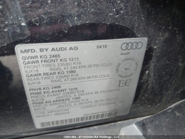 12651484 :رقم المزاد ، WA1ANAFY8K2102303 vin ، 2019 Audi Q5 45 Komfort مزاد بيع