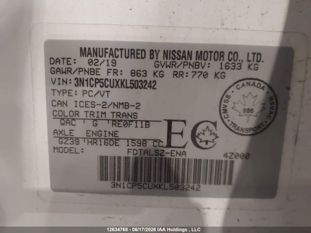 Продажа на аукционе авто 2019 Nissan Kicks S/sr/sv, vin: 3N1CP5CUXKL503242, номер лота: 12634768