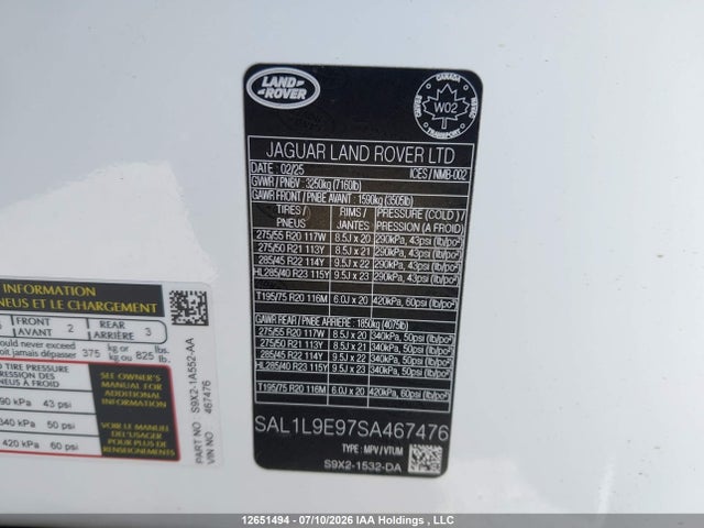 2025 Land Rover Range Rover Sport Dynamic Se მანქანა იყიდება აუქციონზე, vin: SAL1L9E97SA467476, აუქციონის ნომერი: 12651494