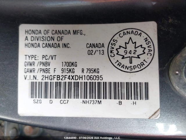 2013 Honda Civic Lx მანქანა იყიდება აუქციონზე, vin: 2HGFB2F4XDH106095, აუქციონის ნომერი: 12644890